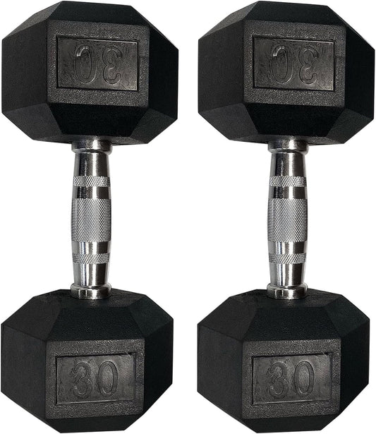 Set of Rubber Hex Dumbbell Workout Weights with Metal Handles, Pair of 2 Heavy Dumbbells Weight (35-LB Pair), Black