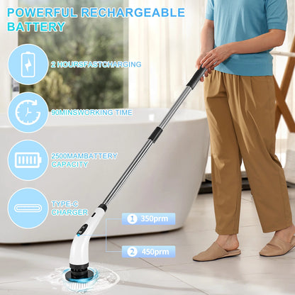 Electric Spin Scrubber - Cordless Cleaning Brush with 8 Heads & Long Handle Power Shower Scrubber for Bathroom Kitchen Tile Floor, White
