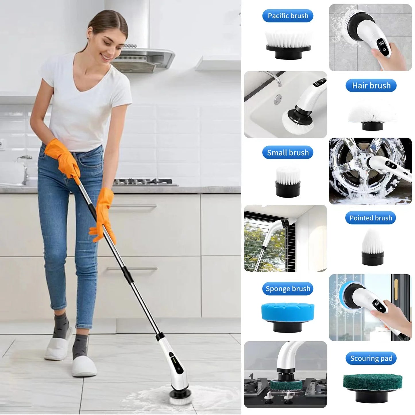 Electric Spin Scrubber - Cordless Cleaning Brush with 8 Heads & Long Handle Power Shower Scrubber for Bathroom Kitchen Tile Floor, White